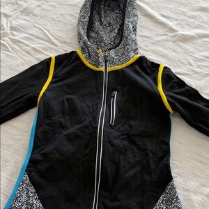 Black Hoodie with Yellow Trim and Patterned Details